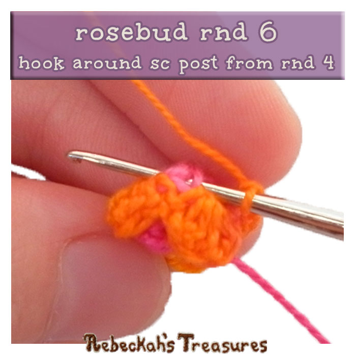 WIP Picture 08 - rnd 6 | Crocheting the Rosebud via @beckastreasures | FREE Pencil Topper / Finger Puppet Crochet Pattern! | Visit www.rebeckahstreasures.com! #crochetrose #penciltopper #rose