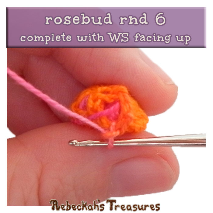 WIP Picture 10 - rnd 6 | Crocheting the Rosebud via @beckastreasures | FREE Pencil Topper / Finger Puppet Crochet Pattern! | Visit www.rebeckahstreasures.com! #crochetrose #penciltopper #rose