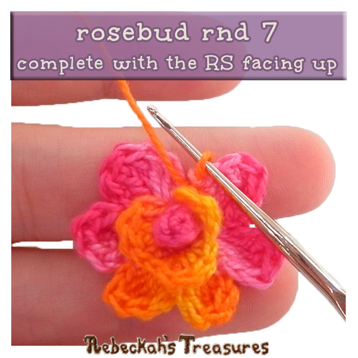 WIP Picture 13 - rnd 7 | Crocheting the Rosebud via @beckastreasures | FREE Pencil Topper / Finger Puppet Crochet Pattern! | Visit www.rebeckahstreasures.com! #crochetrose #penciltopper #rose