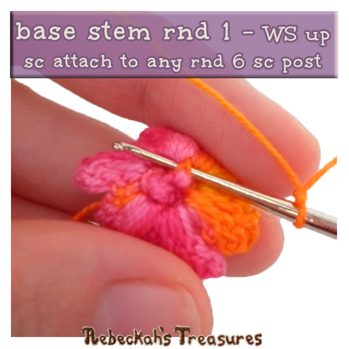 WIP Picture 14 - rnd 1 | Crocheting the Rose's Stem Base via @beckastreasures | FREE Pencil Topper / Finger Puppet Crochet Pattern! | Visit www.rebeckahstreasures.com! #crochetrose #penciltopper #rose