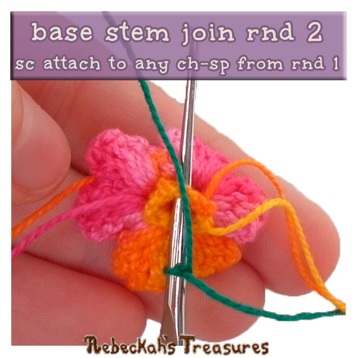 WIP Picture 17 - rnd 2 | Crocheting the Rose's Stem Base via @beckastreasures | FREE Pencil Topper / Finger Puppet Crochet Pattern! | Visit www.rebeckahstreasures.com! #crochetrose #penciltopper #rose