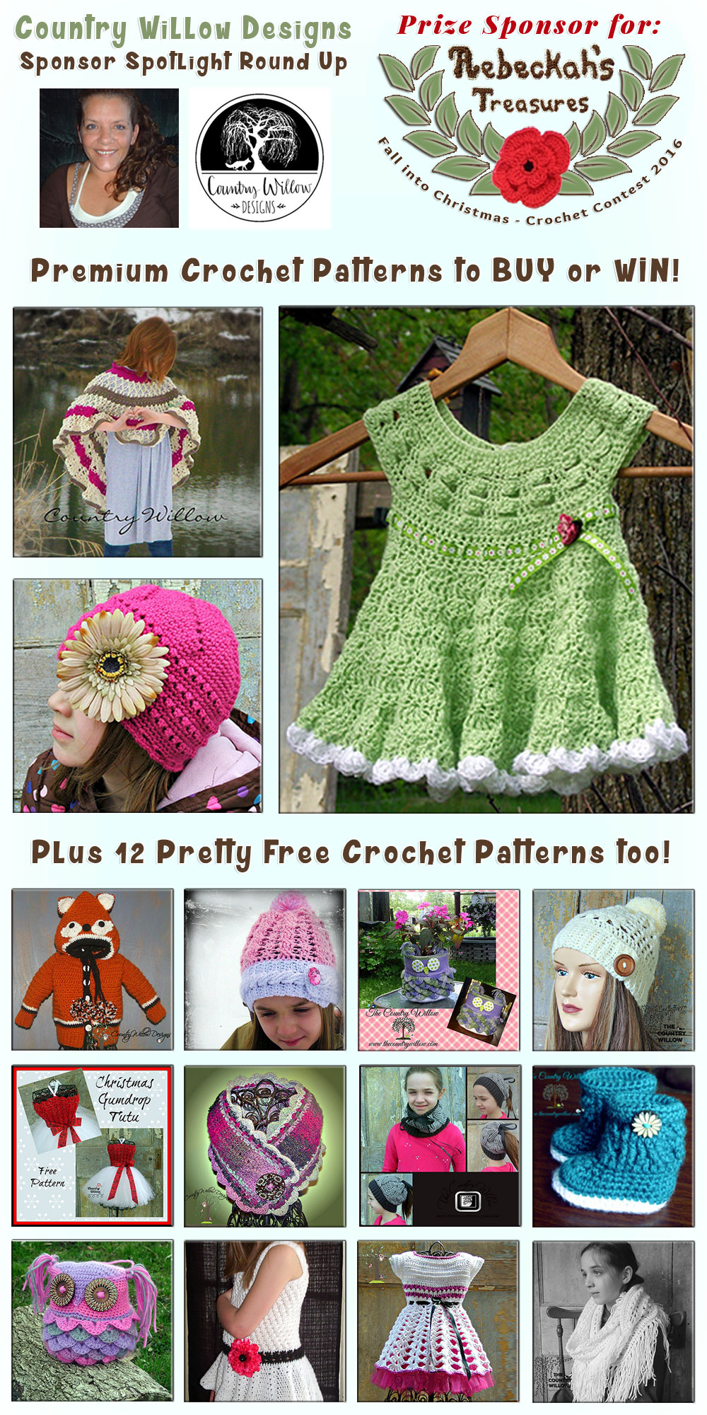 Country Willow Designs - Sponsor Spotlight Round Up via @beckastreasures | 3 Premium + 12 #FREE Crochet Patterns by @countrywillow12 | #fallintochristmas2016 #crochetcontest #spotlight #crochet #roundup