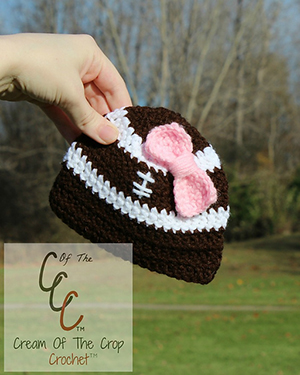 Bow Football Hat (Preemie/NB) - Free Crochet Pattern by @COTCCrochet | Featured at Cream of the Crop Crochet - Sponsor Spotlight Round Up via @beckastreasures | #fallintochristmas2016 #crochetcontest #spotlight #crochet #roundup