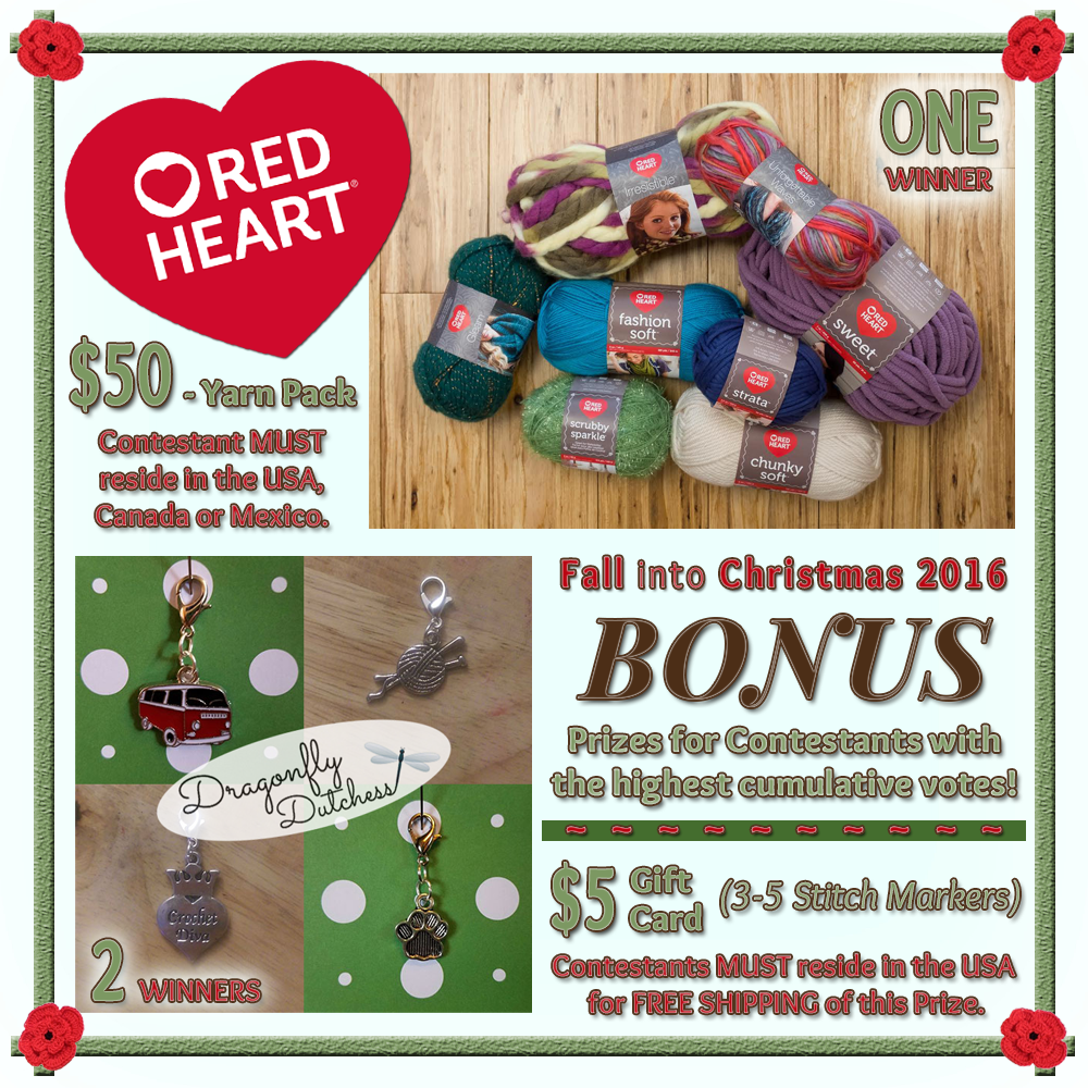 Cast your votes in the Fall into Christmas 2016 crochet contest via @beckastreasures and help your favourites win this awesome yarn package from @RedHeartYarns and stitch markers from #DragonflyDutchess!!! | Up to 5 votes daily in EACH category for a total of 15 votes per day! Learn more here: https://goo.gl/kBLEjE #fallintochristmas2016
