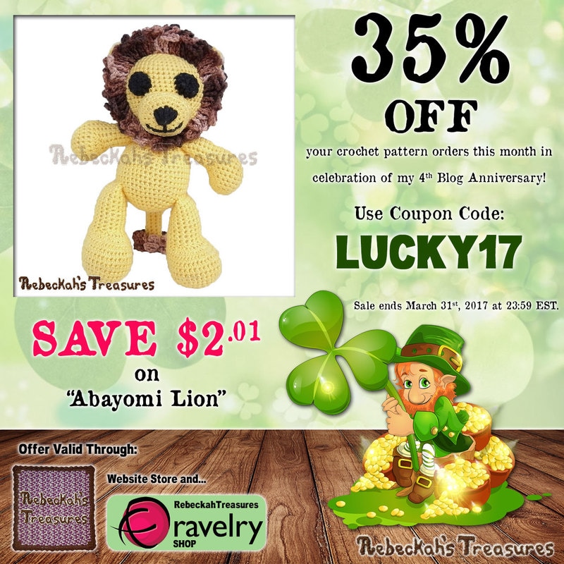 Amigurumi Abayomi Lion Crochet Pattern | Lucky 35% OFF SALE via @beckastreasures | Use code: LUCKY17 | *Ends March 31st, 2017 at 23:59 EST.