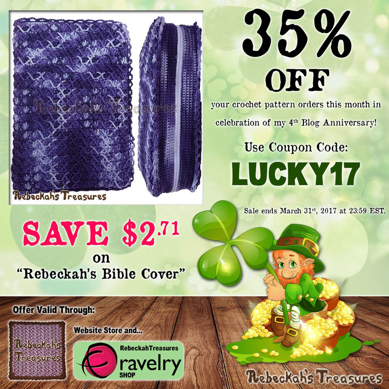 Rebeckah's Bible Cover Crochet Pattern  | Lucky 35% OFF SALE via @beckastreasures | Use code: LUCKY17 | *Ends March 31st, 2017 at 23:59 EST.