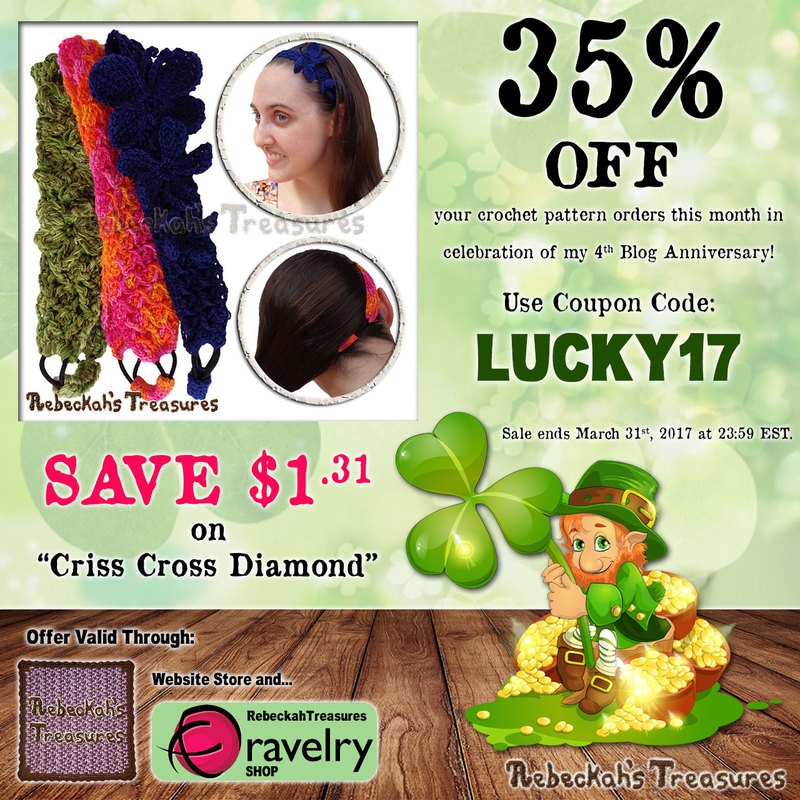 Criss Cross Diamonds Headband Crochet Pattern | Lucky 35% OFF SALE via @beckastreasures | Use code: LUCKY17 | *Ends March 31st, 2017 at 23:59 EST.