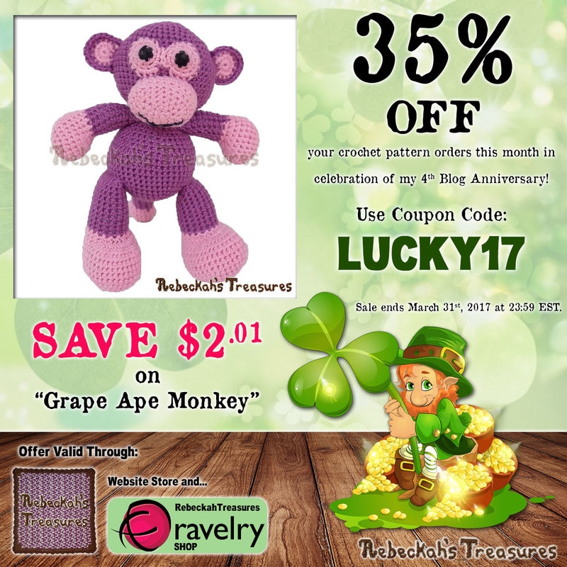 Amigurumi Grape Ape Monkey Crochet Pattern | Lucky 35% OFF SALE via @beckastreasures | Use code: LUCKY17 | *Ends March 31st, 2017 at 23:59 EST.