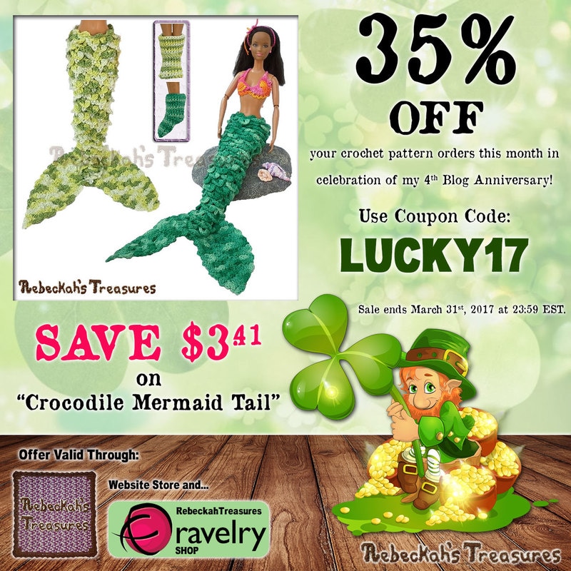 Fashion Doll Crocodile Mermaid Tail Crochet Pattern  | Lucky 35% OFF SALE via @beckastreasures | Use code: LUCKY17 | *Ends March 31st, 2017 at 23:59 EST.