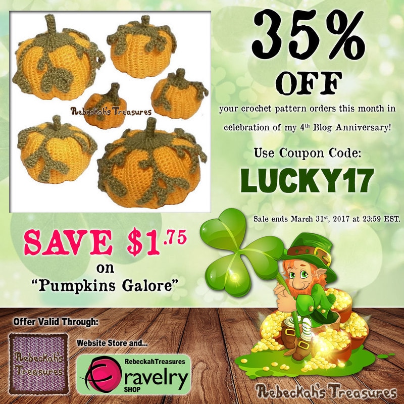 Pumpkins Galore Crochet Pattern | Lucky 35% OFF SALE via @beckastreasures | Use code: LUCKY17 | *Ends March 31st, 2017 at 23:59 EST.