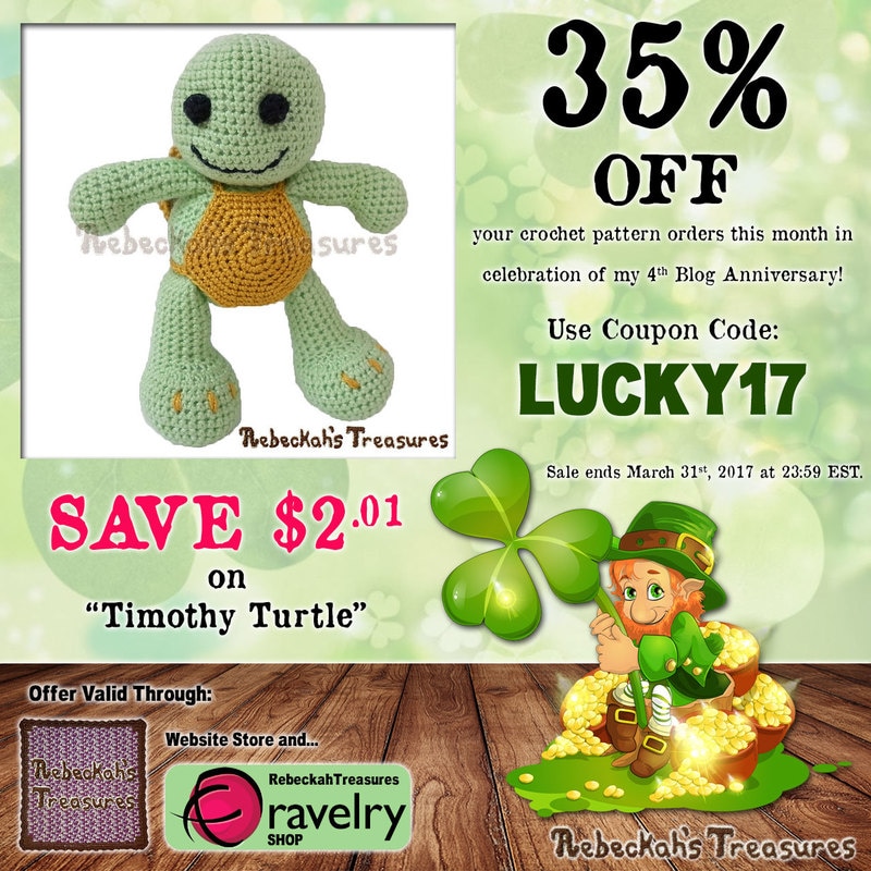 Amigurumi Timothy Turtle Crochet Pattern | Lucky 35% OFF SALE via @beckastreasures | Use code: LUCKY17 | *Ends March 31st, 2017 at 23:59 EST.