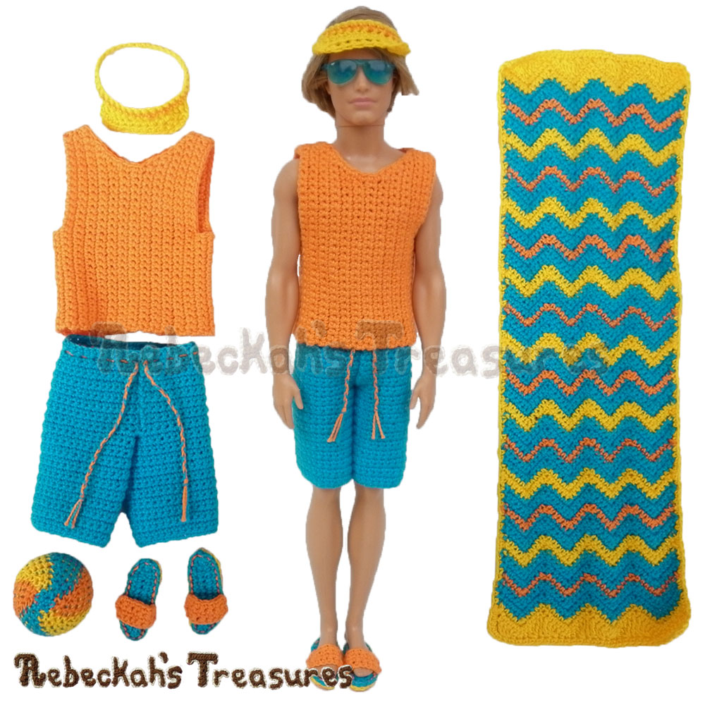 Surfer Dude set includes a tank, shorts, a visor, sandals, a ball & a towel! | Fashion Doll Crochet Pattern by @beckastreasures | Written pattern for 6 designs + photo tutorials too | Available to purchase in my #Ravelry & Website shops - Get your copy today! | #crochet #pattern #surfer #dude #surf #Ken #Barbie #fashion #doll #summer #beach