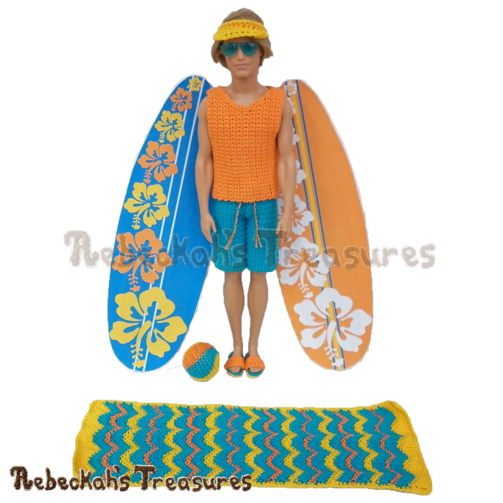 Surfer Dude is ready to hit the waves! | Fashion Doll Crochet Pattern by @beckastreasures | Written pattern for 6 designs + photo tutorials too | Available to purchase in my #Ravelry & Website shops - Get your copy today! | #crochet #pattern #surfer #dude #surf #Ken #Barbie #fashion #doll #summer #beach
