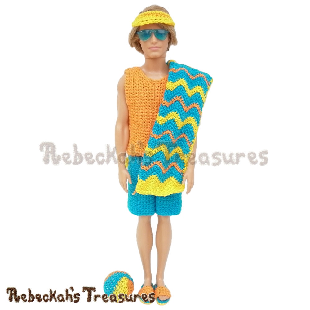 Surfer Dude is ready for summer! | Fashion Doll Crochet Pattern by @beckastreasures | Written pattern for 6 designs + photo tutorials too | Available to purchase in my #Ravelry & Website shops - Get your copy today! | #crochet #pattern #surfer #dude #surf #Ken #Barbie #fashion #doll #summer #beach