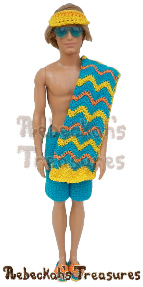 Surfer Dude is a stud! | Fashion Doll Crochet Pattern by @beckastreasures | Written pattern for 6 designs + photo tutorials too | Available to purchase in my #Ravelry & Website shops - Get your copy today! | #crochet #pattern #surfer #dude #surf #Ken #Barbie #fashion #doll #summer #beach