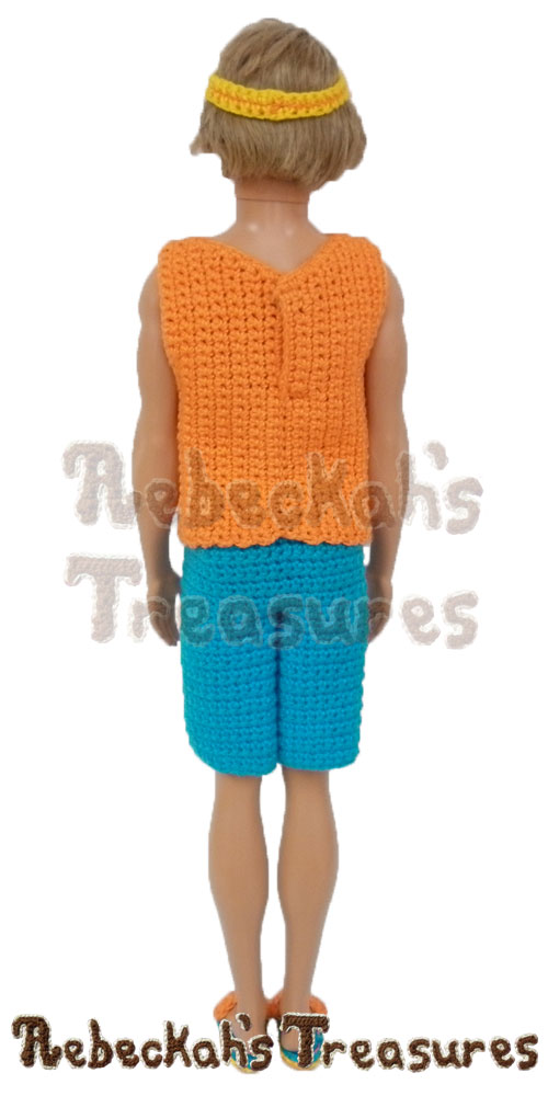 Surfer Dude loves summer! | Fashion Doll Crochet Pattern by @beckastreasures | Written pattern for 6 designs + photo tutorials too | Available to purchase in my #Ravelry & Website shops - Get your copy today! | #crochet #pattern #surfer #dude #surf #Ken #Barbie #fashion #doll #summer #beach