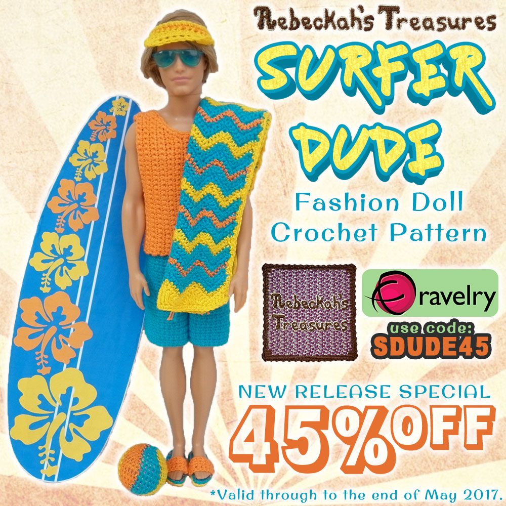 BRAND NEW RELEASE: Take 45% OFF Surfer Dude Fashion Doll Crochet Pattern by @beckastreasures | Written pattern for 6 designs + photo tutorials too | Available to purchase in my #Ravelry & Website shops - Get your copy today! | #crochet #pattern #surfer #dude #surf #Ken #Barbie #fashion #doll #summer #beach | *Offer valid through May 2017. Use code: SDUDE45