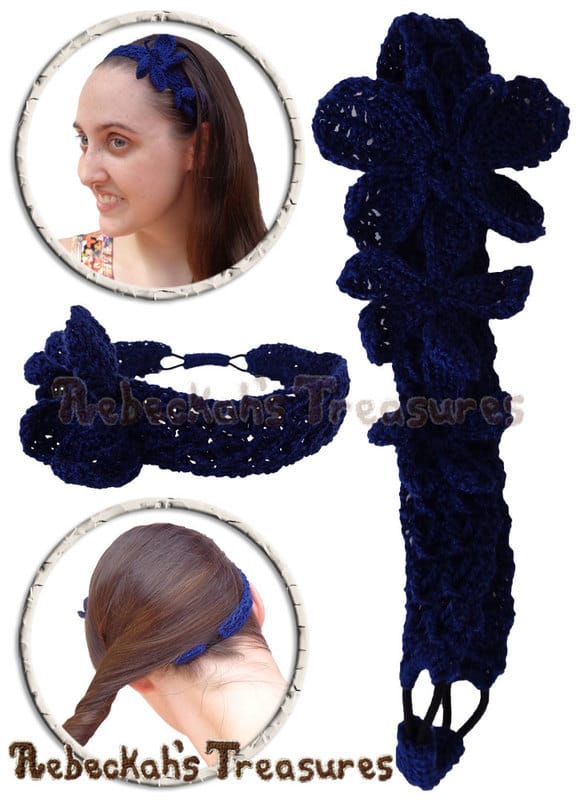 Navy Headband Collage | Criss Cross Diamonds Headband by @beckastreasures | Limited Time Free Crochet Pattern for A Designer's Potpourri Year-Long CAL with @countrywillow12, @crochetmemories, @Sherrys2boyz & @ArtofaDG | #headband #crochet #pattern #crisscrossdiamond #flowers #butterfly #holidaygift #stashbuster | Join today!