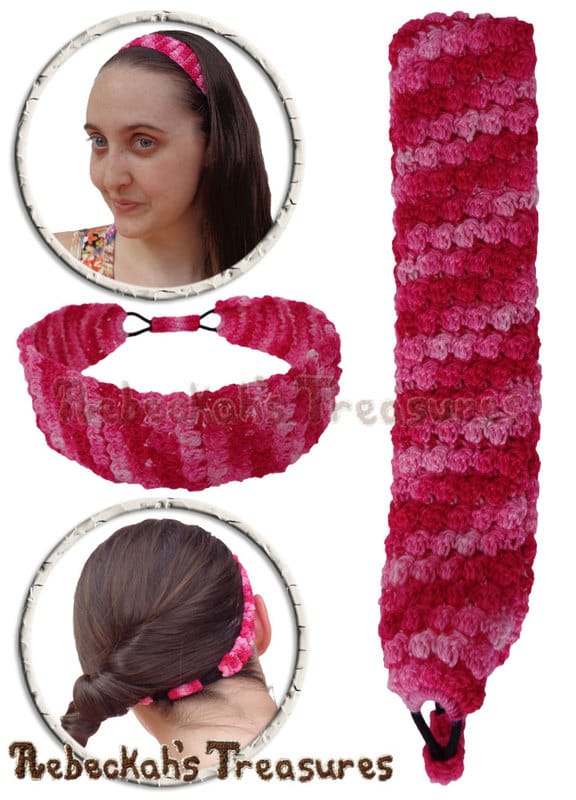 Pink Cotton Thread Collage | Pebble Bobbles Headband by @beckastreasures | Limited Time Free Crochet Pattern for A Designer's Potpourri Year-Long CAL with @countrywillow12, @crochetmemories, @Sherrys2boyz & @ArtofaDG | #headband #crochet #pattern #pebbles #bobbles #holidaygift #stashbuster | Join today!