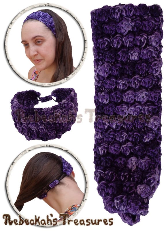 Thick Purple Collage | Pebble Bobbles Headband by @beckastreasures | Limited Time Free Crochet Pattern for A Designer's Potpourri Year-Long CAL with @countrywillow12, @crochetmemories, @Sherrys2boyz & @ArtofaDG | #headband #crochet #pattern #pebbles #bobbles #holidaygift #stashbuster | Join today!