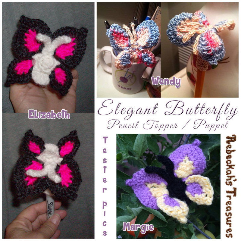 Elegant Butterfly Pencil Topper / Finger Puppet | FREE crochet pattern via @beckastreasures | Tester pics by Elizabeth M., Margie E. & Wendy B.