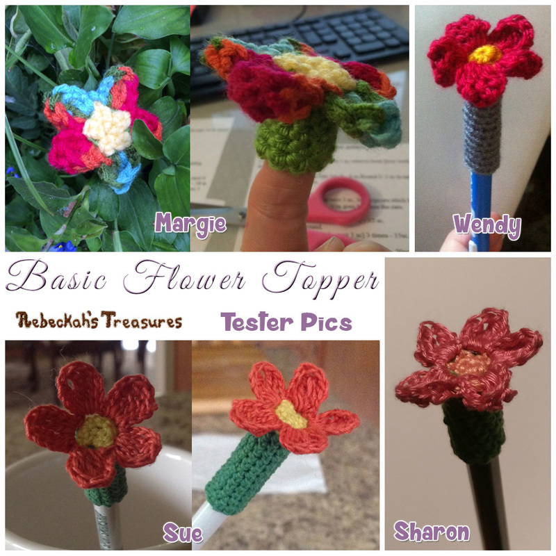 Basic Flower Pencil Topper / Finger Puppet | FREE crochet pattern via @beckastreasures | Tester pics by Margie E., Sharon E., Sue B. & Wendy B.