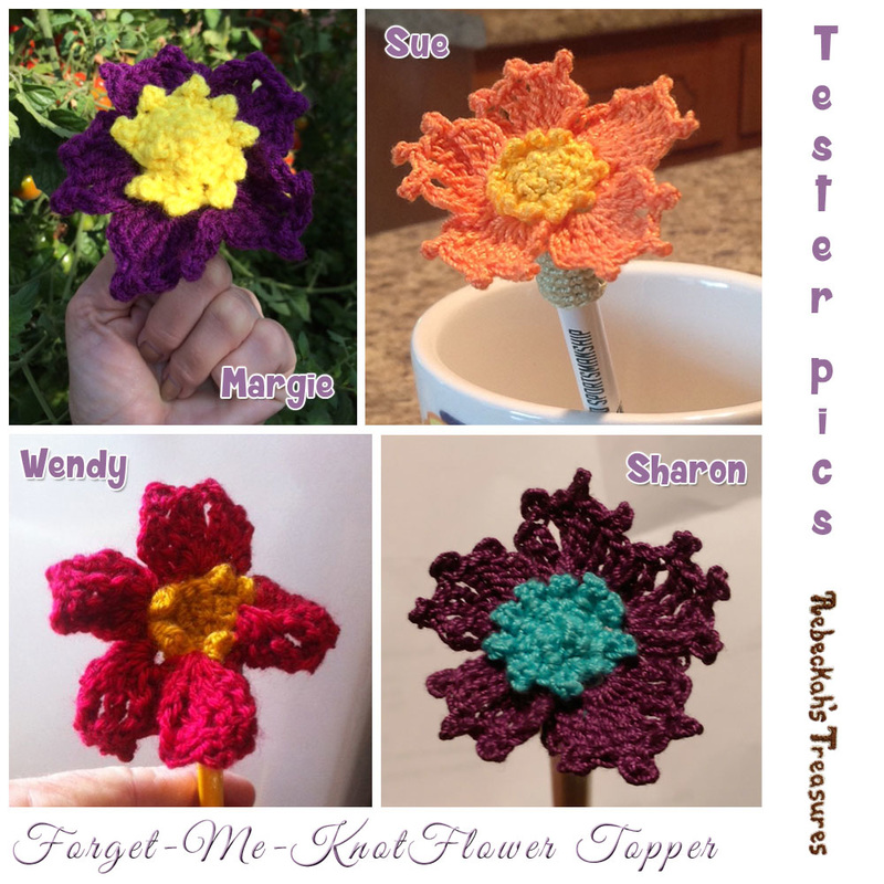 Forget-Me-Knot Flower Pencil Topper / Finger Puppet | FREE crochet pattern via @beckastreasures | Tester pics by Margie E., Sharon E., Sue B. & Wendy B.