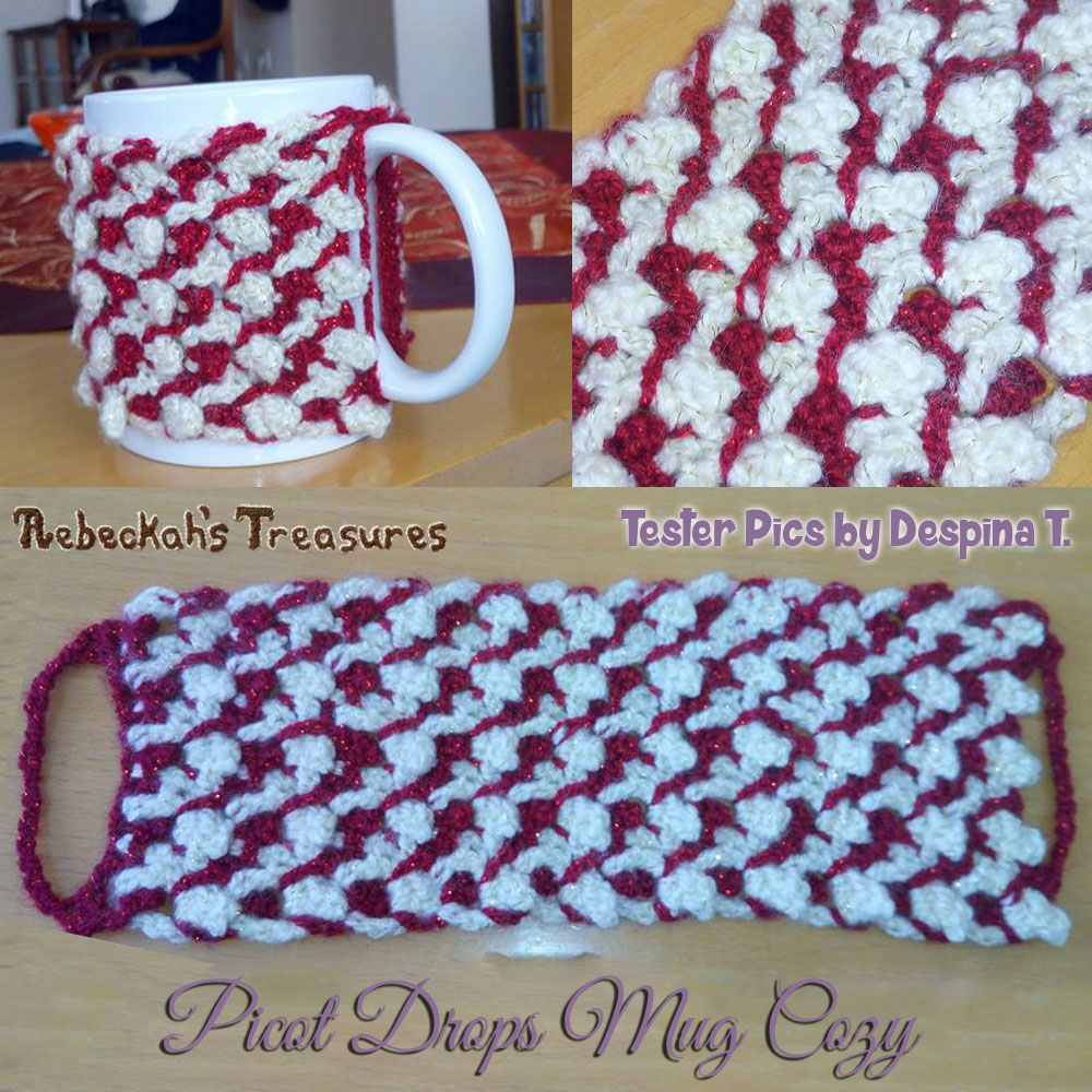 Picot Drops Mug Cozy | Free Crochet Pattern by @beckastreasures | Tester Pictures by Despina
