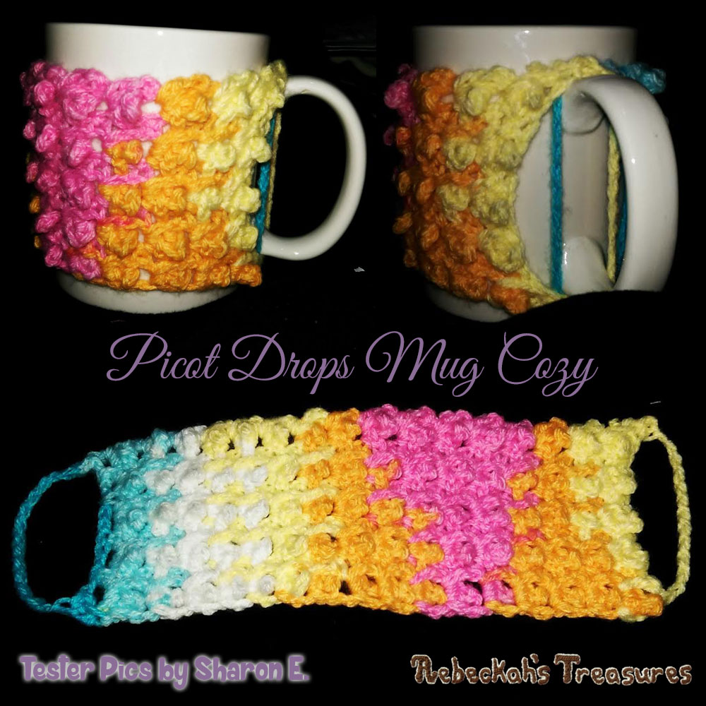 Picot Drops Mug Cozy | Free Crochet Pattern by @beckastreasures | Tester Pictures by Sharon