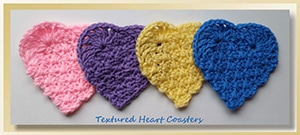 Textured Heart Coasters by @crochetmemories | via Be Mine Coasters & Cozies - A LOVE Round Up by @beckastreasures | #crochet #pattern #hearts #kisses #valentines #love