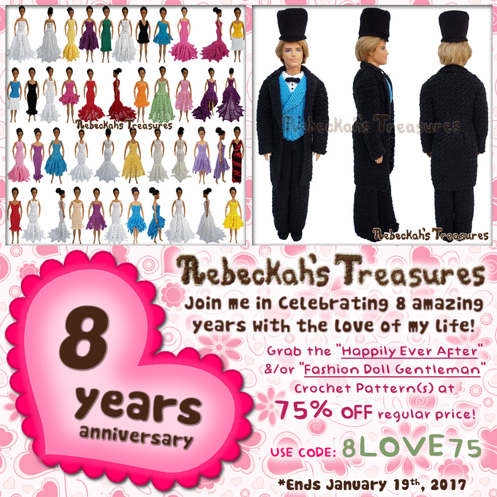 75% off the Happily Ever After and/or Gentleman Fashion Doll patterns! | 8 Year Anniversary with @beckastreasures. | Ends January 19th, 2017 at 23:59 EST